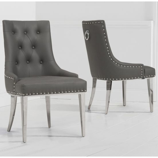 Tanis Grey Faux Leather Dining Chairs With Chrome Legs In A Pair