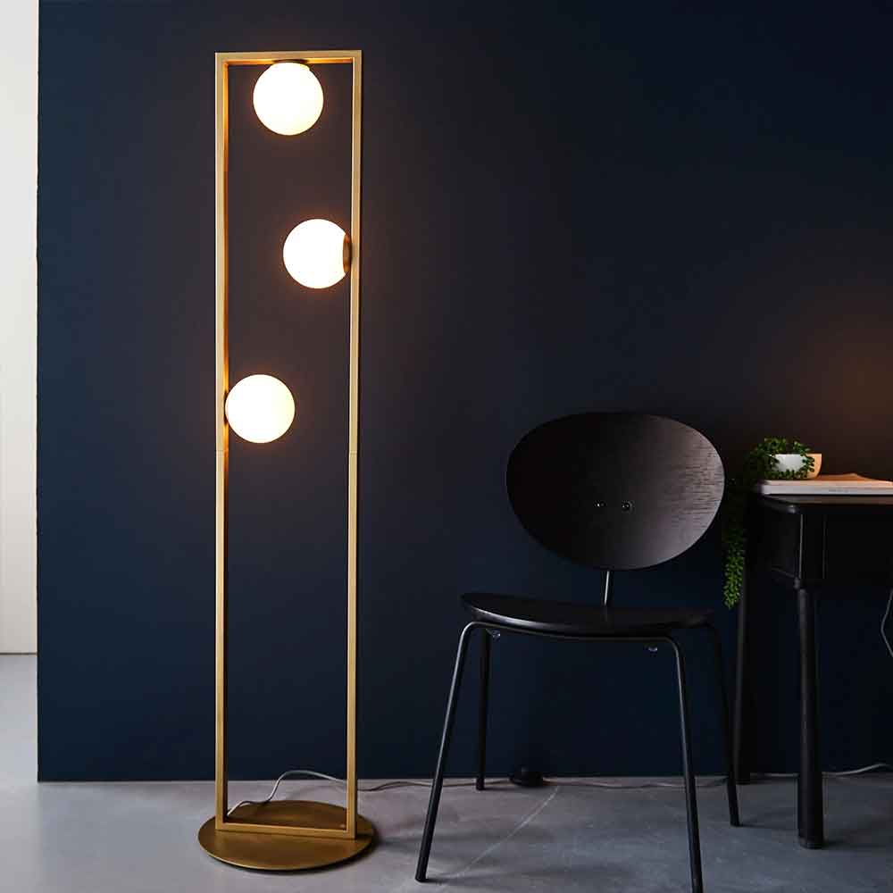 Taos 3 Light Glass Floor Lamp In Brushed Gold Open Frame