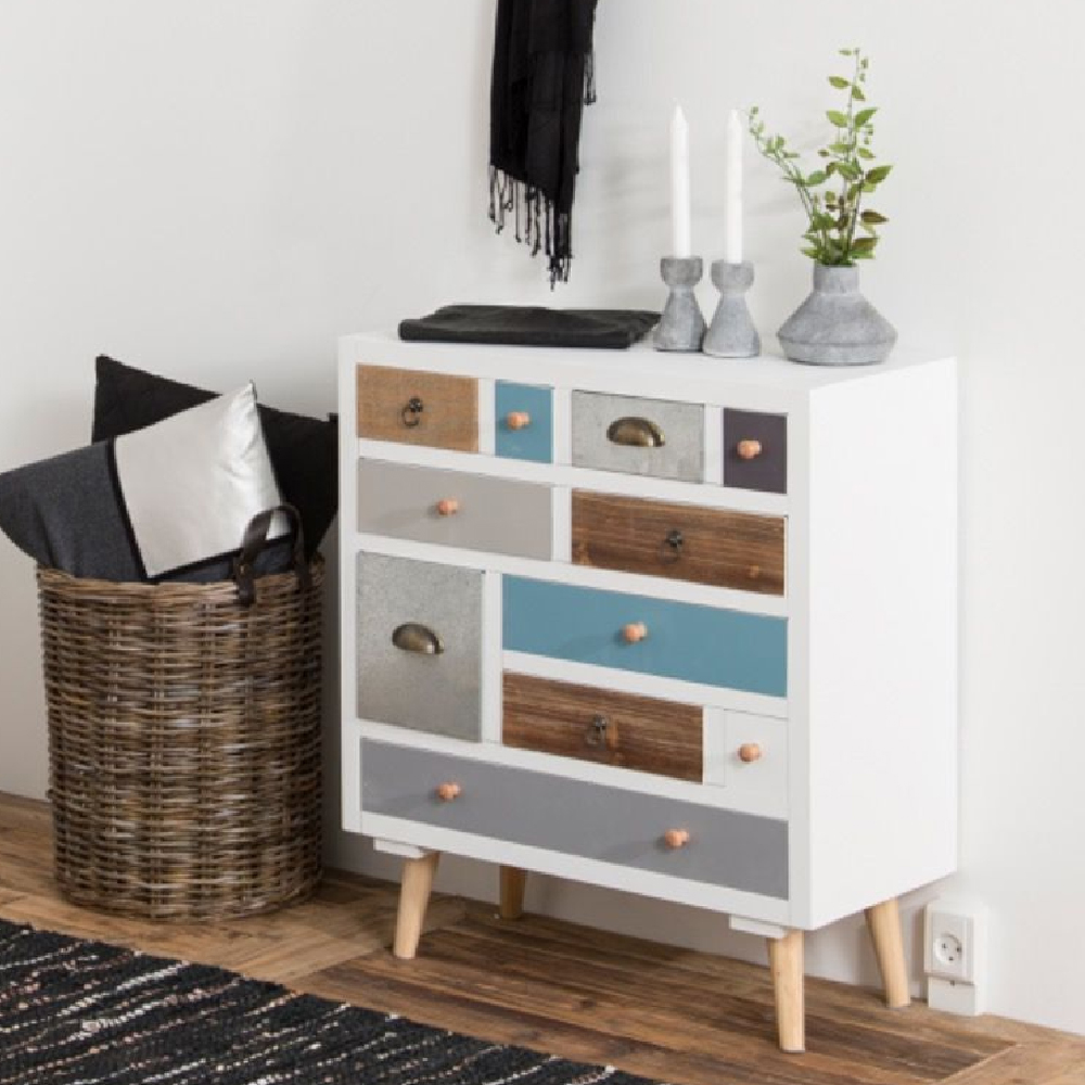Read more about Taos wooden chest of 11 drawers with oak legs in multicolour
