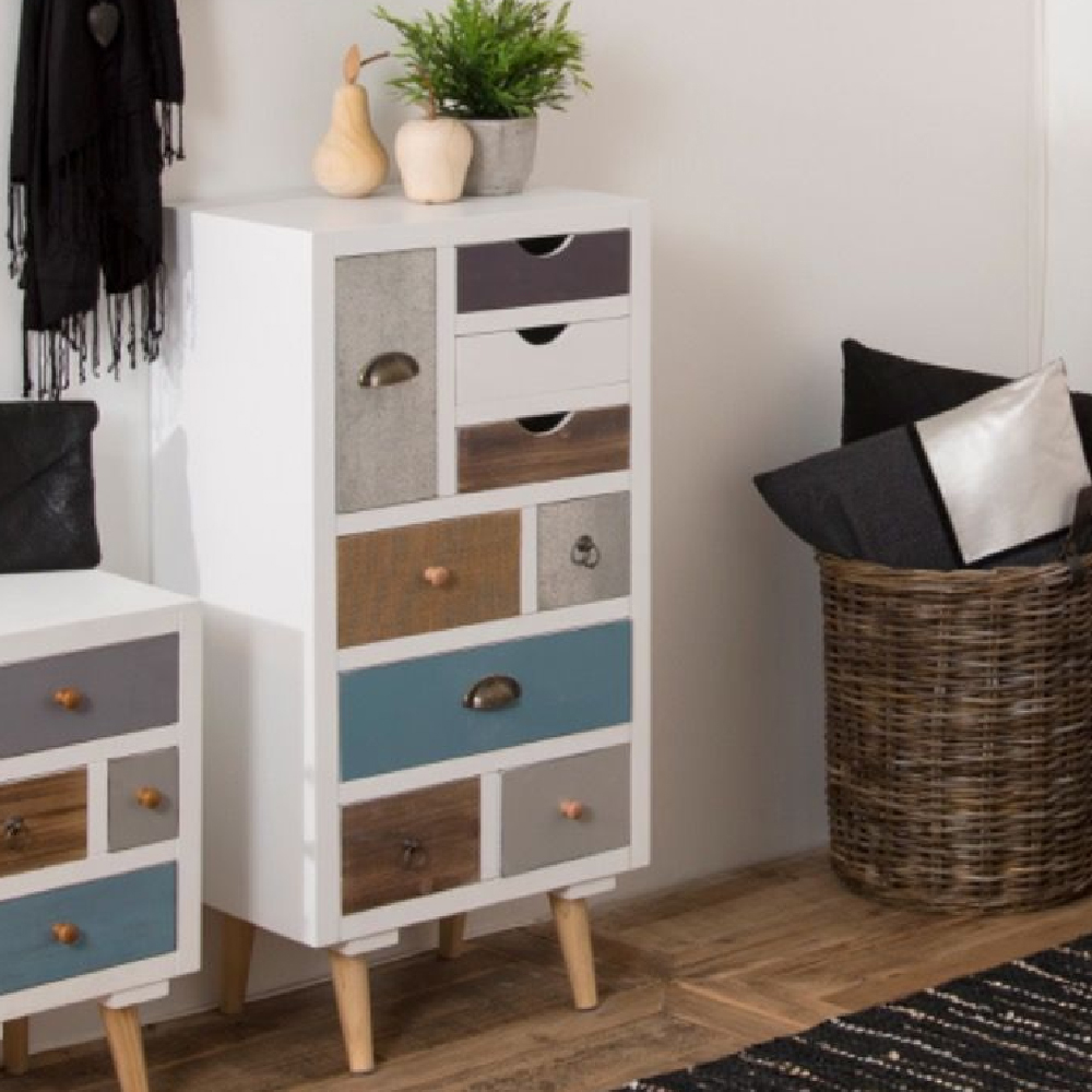 Read more about Taos wooden chest of 9 drawers with oak legs in multicolour