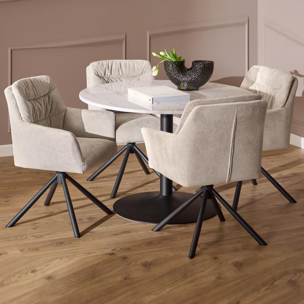 Taraji Marble Dining Table With 4 Beige Chairs In White Guangxi