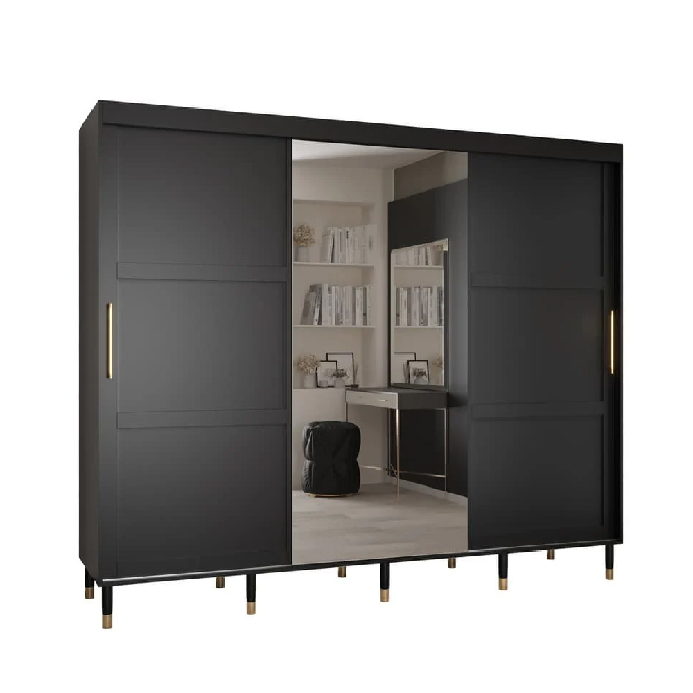 Tarboro Mirrored Wardorbe 250cm With 3 Sliding Doors In Black