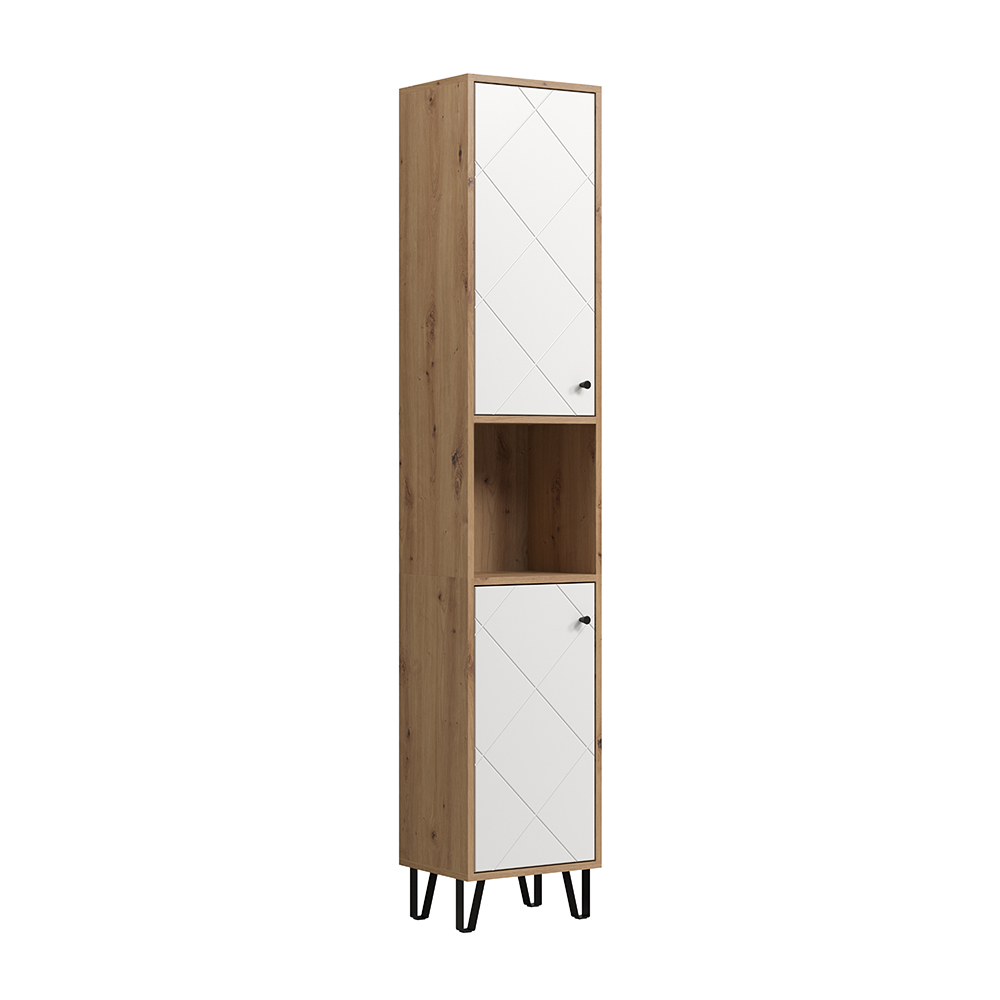 Tarlen Tall Wooden Bathroom Storage Cabinet in Matt White and Artisan Oak