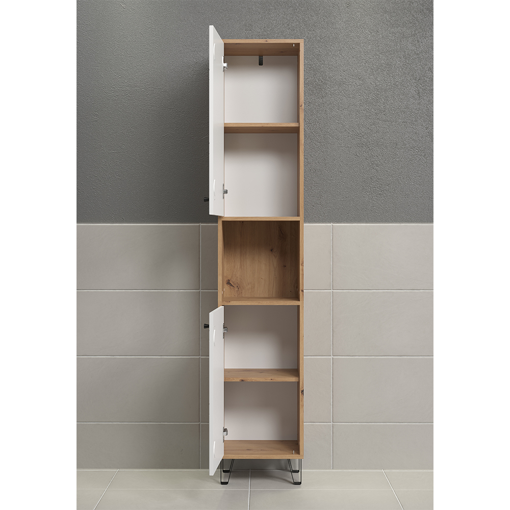 Tarlen Tall Wooden Bathroom Storage Cabinet in Matt White and Artisan Oak