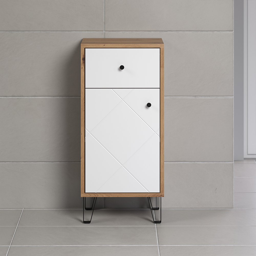 Tarlen Wooden Bathroom Storage Cabinet in Matt White and Artisan Oak