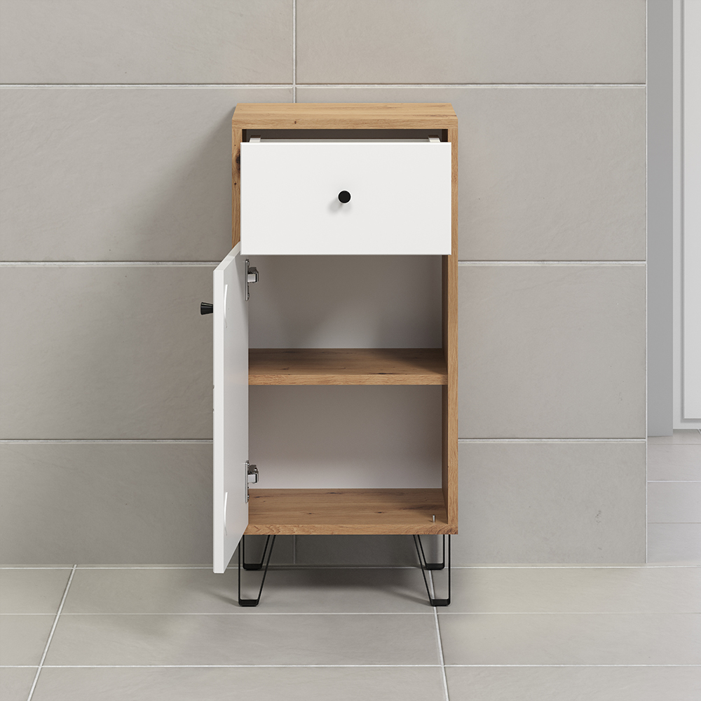 Tarlen Wooden Bathroom Storage Cabinet in Matt White and Artisan Oak