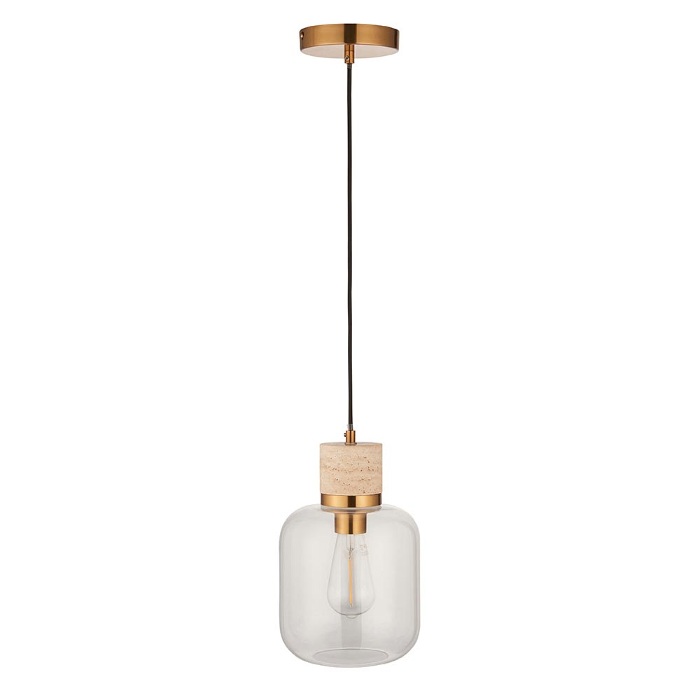 Tarrytown Clear Glass Pendant Light In Natural Travertine Stone