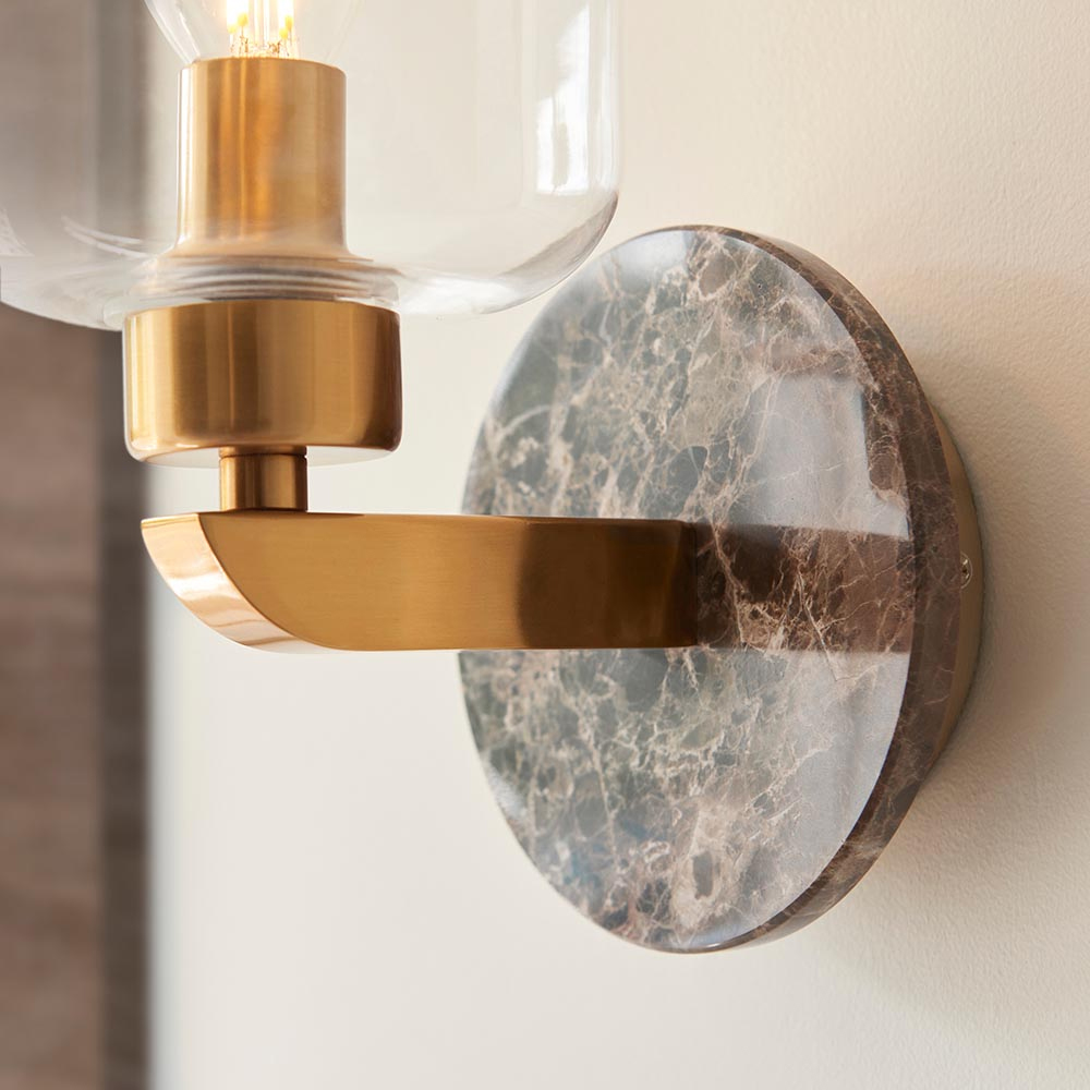 Tarrytown Clear Glass Wall Light In Dark Brown Emperador Marble