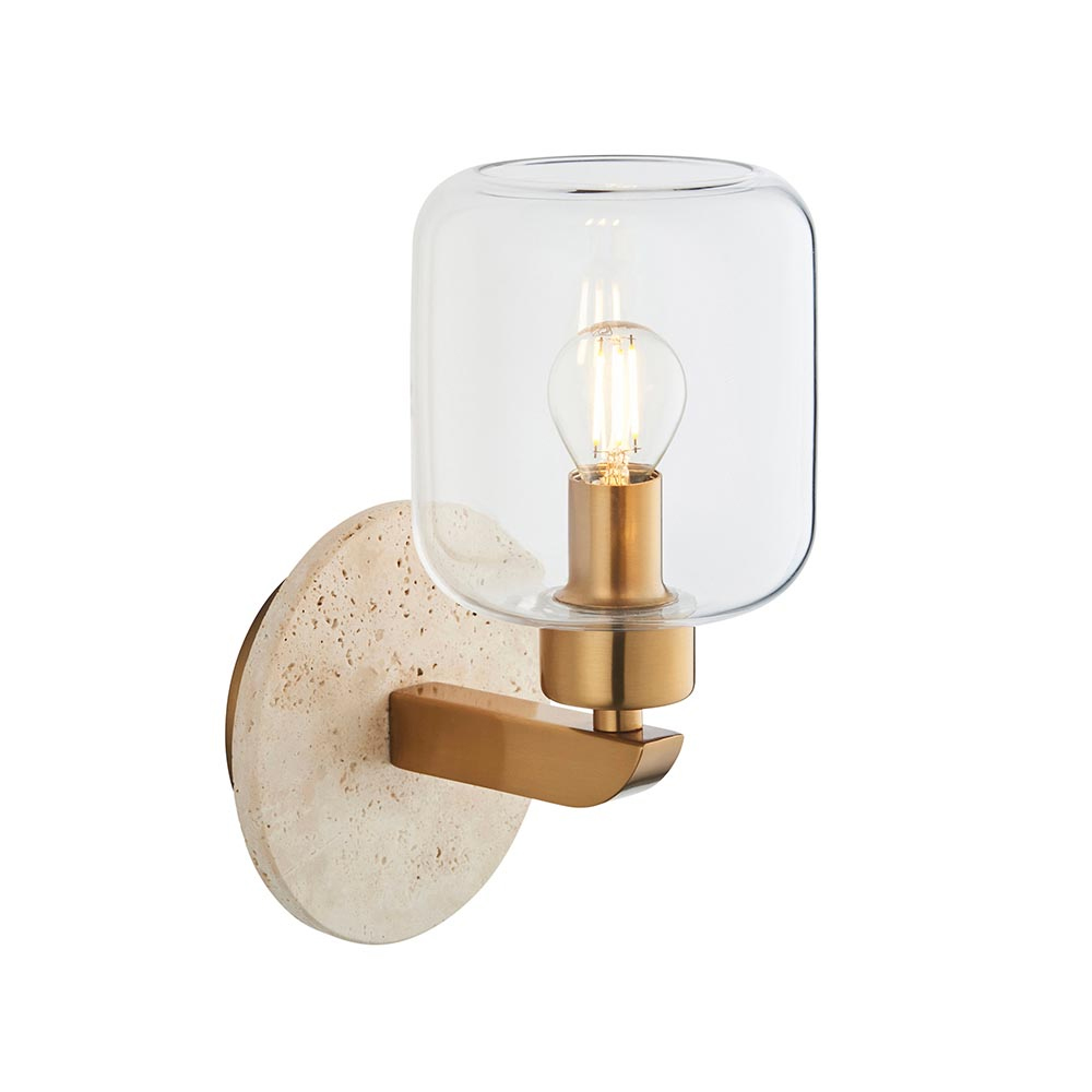 Tarrytown Clear Glass Wall Light In Natural Travertine Stone