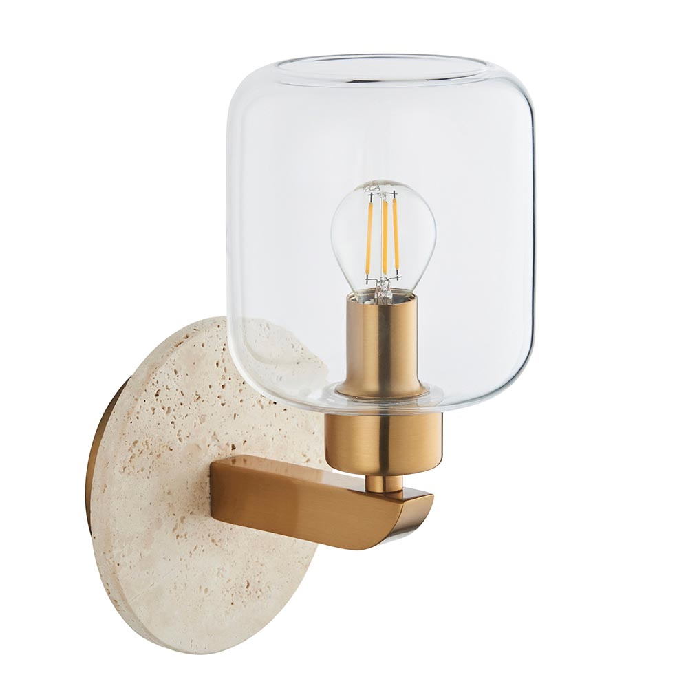Tarrytown Clear Glass Wall Light In Natural Travertine Stone