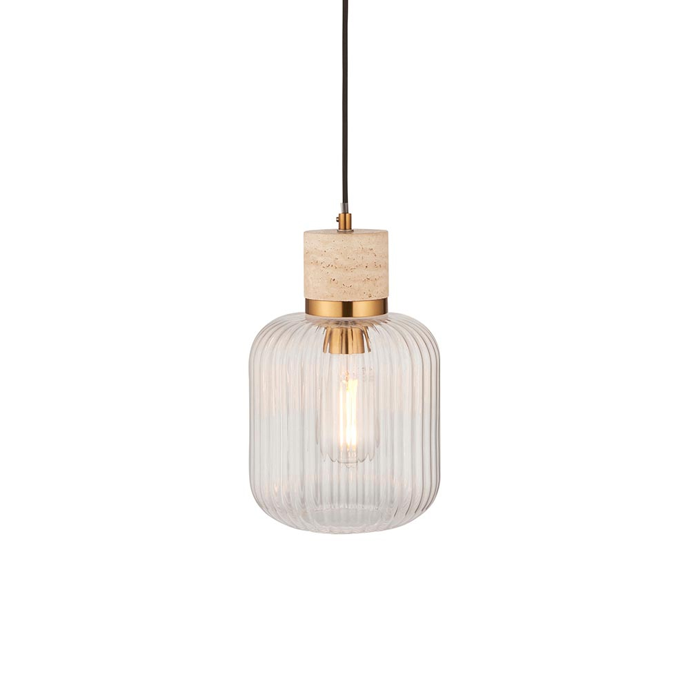 Tarrytown Ribbed Glass Pendant Light In Natural Travertine Stone