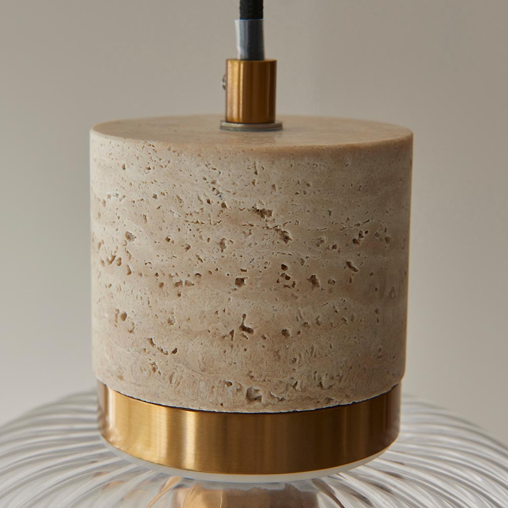 Tarrytown Ribbed Glass Pendant Light In Natural Travertine Stone