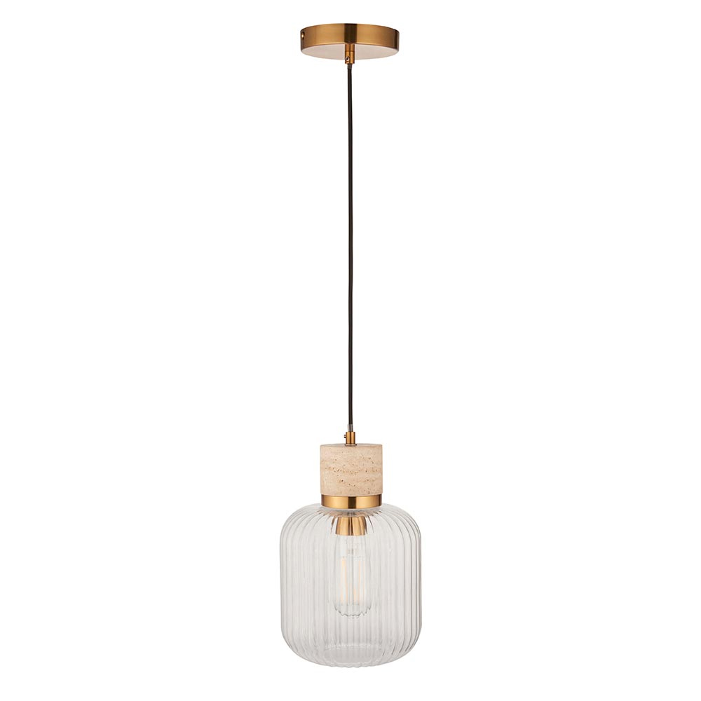 Tarrytown Ribbed Glass Pendant Light In Natural Travertine Stone