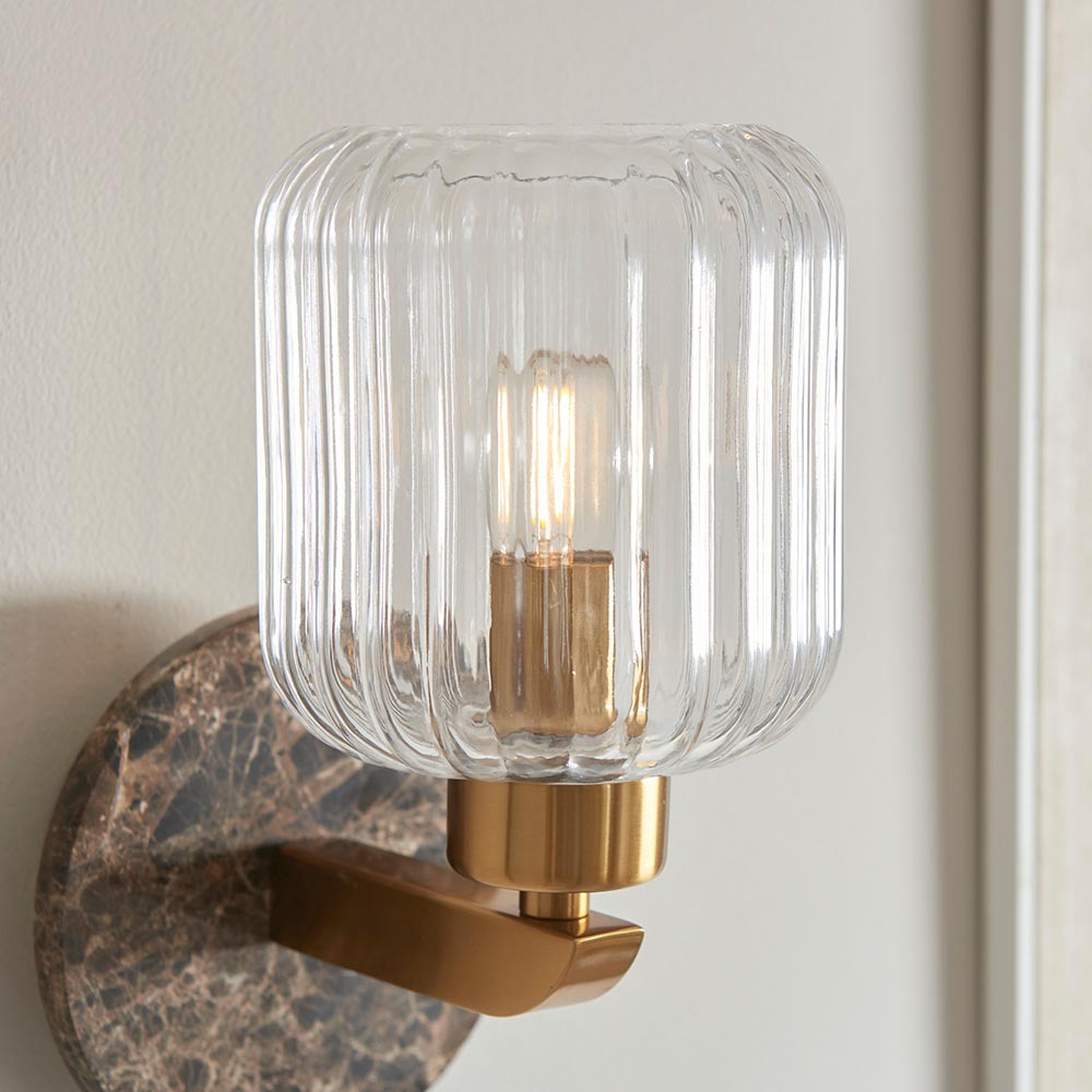 Tarrytown Ribbed Glass Wall Light In Brown Emperador Marble