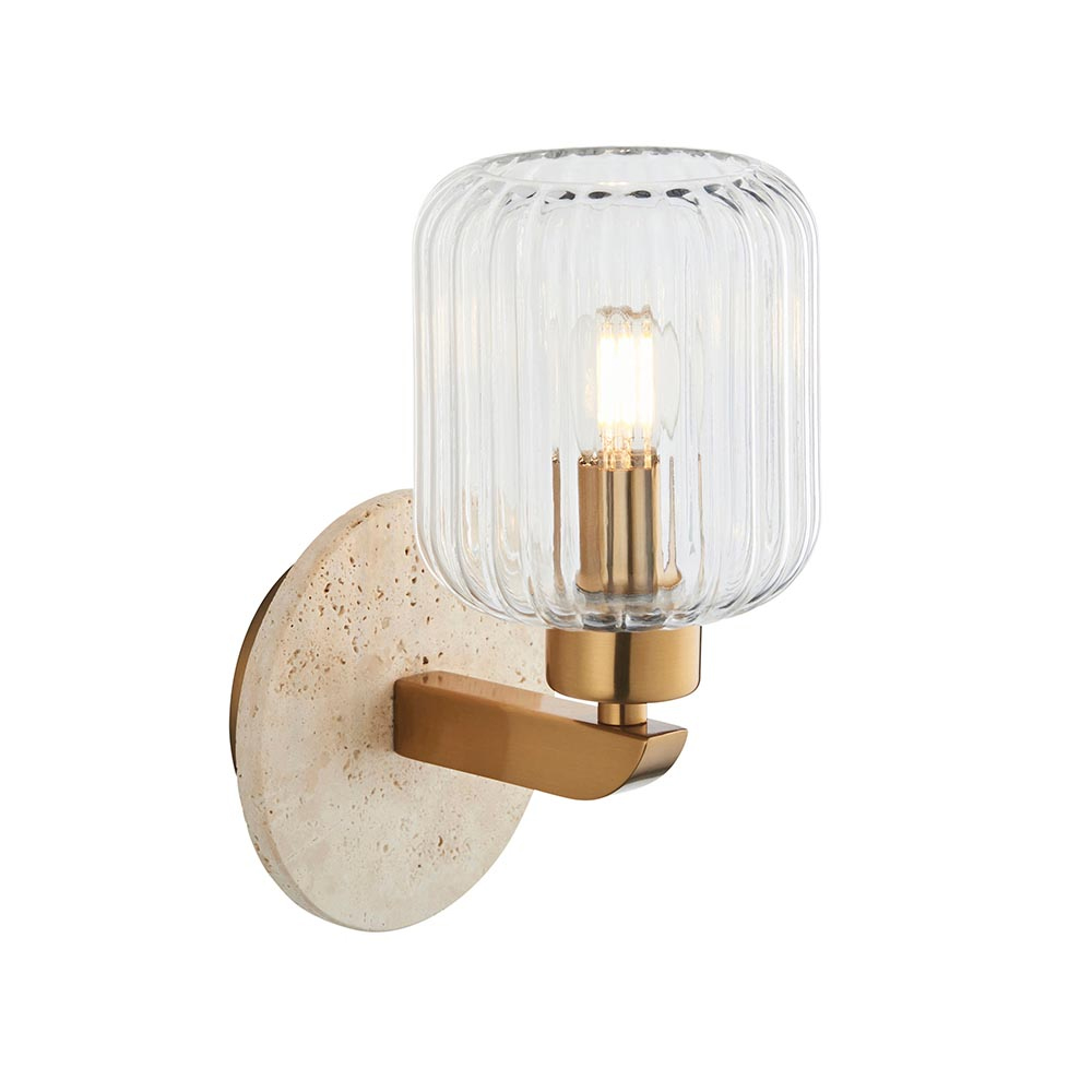 Tarrytown Ribbed Glass Wall Light In Natural Travertine Stone
