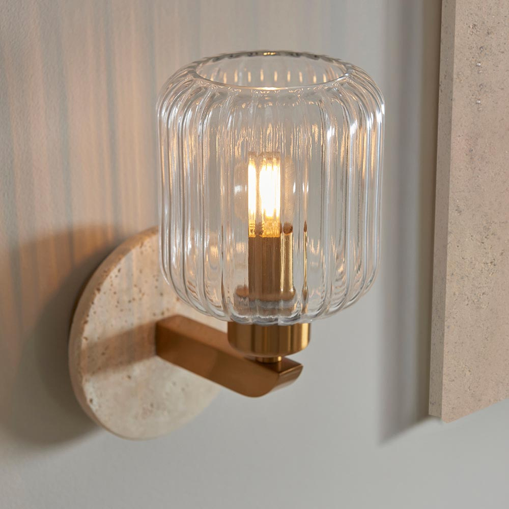 Tarrytown Ribbed Glass Wall Light In Natural Travertine Stone
