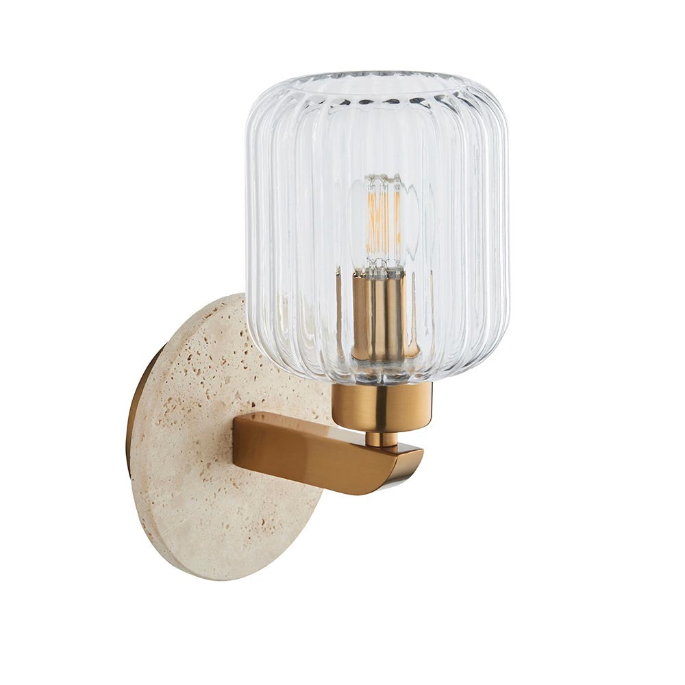 Tarrytown Ribbed Glass Wall Light In Natural Travertine Stone