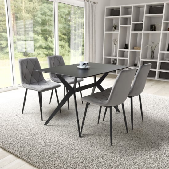 Tarsus 1.2m Black Dining Table With 4 Vestal Grey Chairs