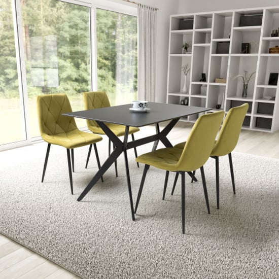 Read more about Tarsus black ceramic dining table with 4 vestal yellow chairs
