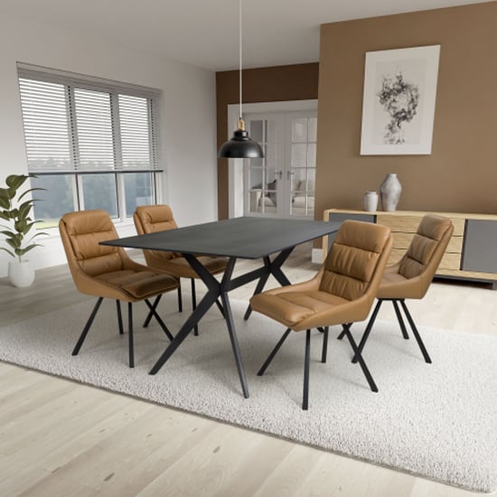 Tarsus 1.6m Black Dining Table With 4 Addis Tan Chairs