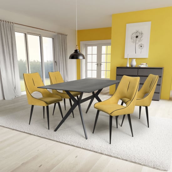 Tarsus 1.6m Black Dining Table With 4 Lorain Yellow Chairs