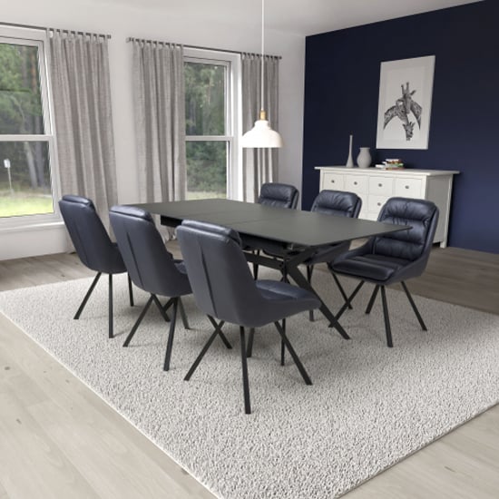 Product photograph of Tarsus Extending Black Dining Table With 6 Addis Blue Chairs from Furniture in Fashion