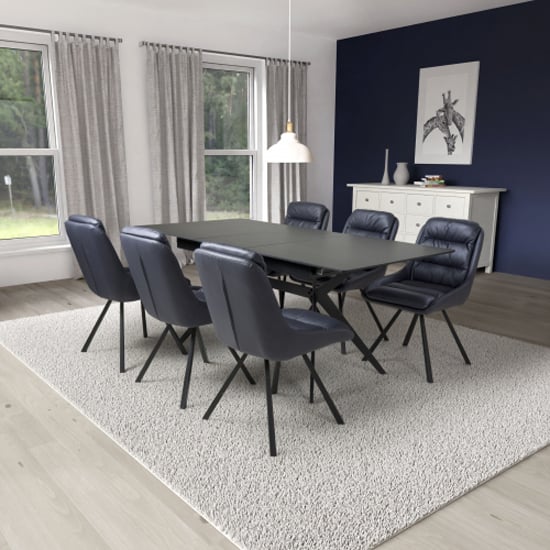 Read more about Tarsus black ceramic extending dining table 6 addis blue chairs