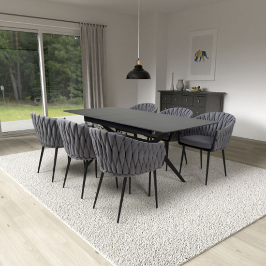 Tarsus Extending Black Dining Table With 6 Pearl Grey Chairs thumbnail