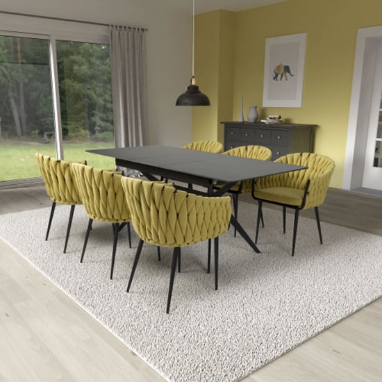 Product photograph of Tarsus Extending Black Dining Table With 6 Pearl Yellow Chairs from Furniture in Fashion