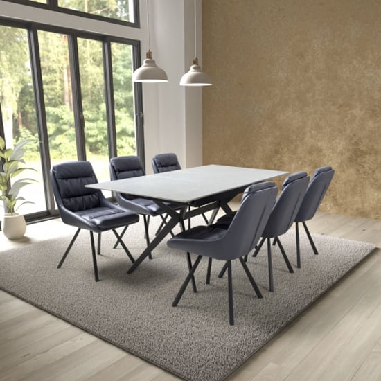 Read more about Tarsus grey ceramic extending dining table 6 addis blue chairs