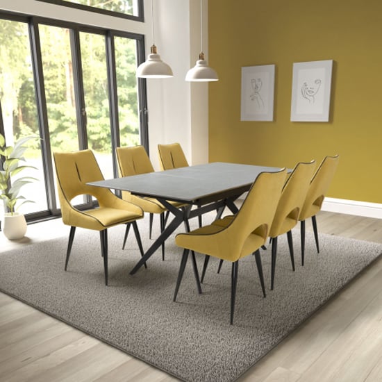 Tarsus Extending Grey Dining Table With 6 Lorain Yellow Chairs