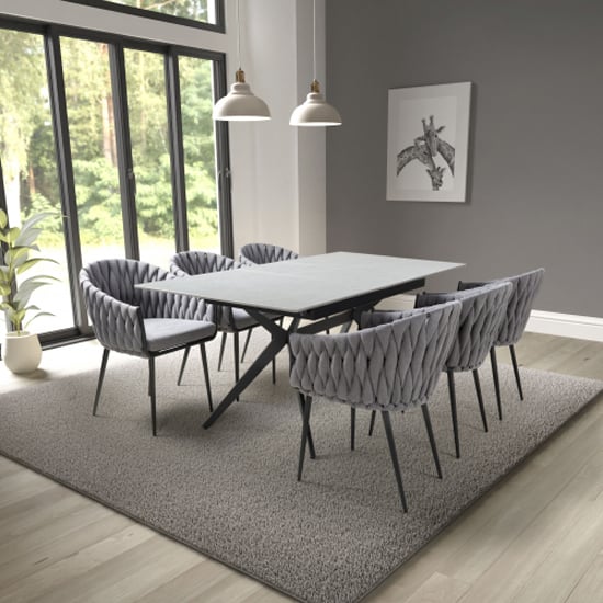 Product photograph of Tarsus Extending Grey Dining Table With 6 Pearl Grey Chairs from Furniture in Fashion