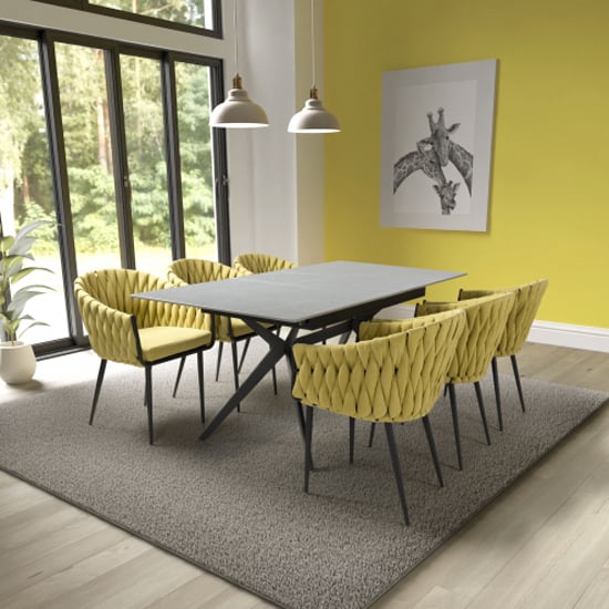 Product photograph of Tarsus Extending Grey Dining Table With 6 Pearl Yellow Chairs from Furniture in Fashion