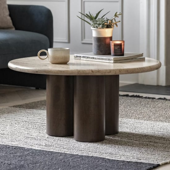 Tartu Marble Coffee Table In Travertine With Dark Wood Base