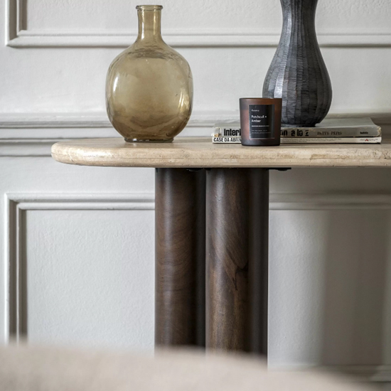 Tartu Marble Console Table In Travertine With Dark Wood Base