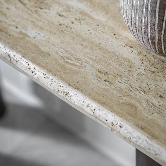 Tartu Marble Console Table In Travertine With Dark Wood Base
