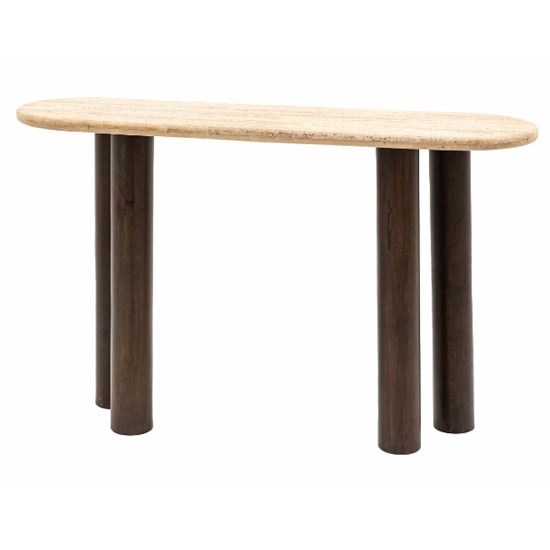Tartu Marble Console Table In Travertine With Dark Wood Base