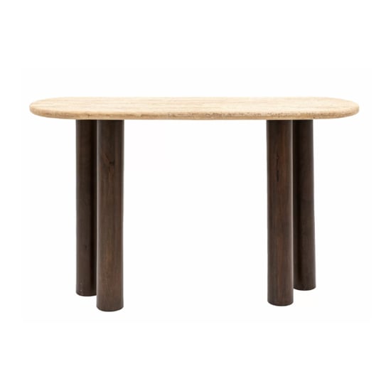 Tartu Marble Console Table In Travertine With Dark Wood Base