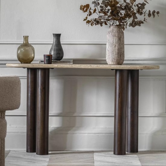 Read more about Tartu marble console table in travertine with dark wood base