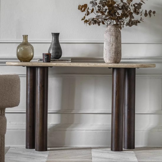 Product photograph of Tartu Marble Console Table In Travertine With Dark Wood Base from Furniture in Fashion