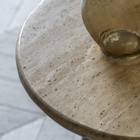 Tartu Marble Side Table In Travertine With Dark Wood Base