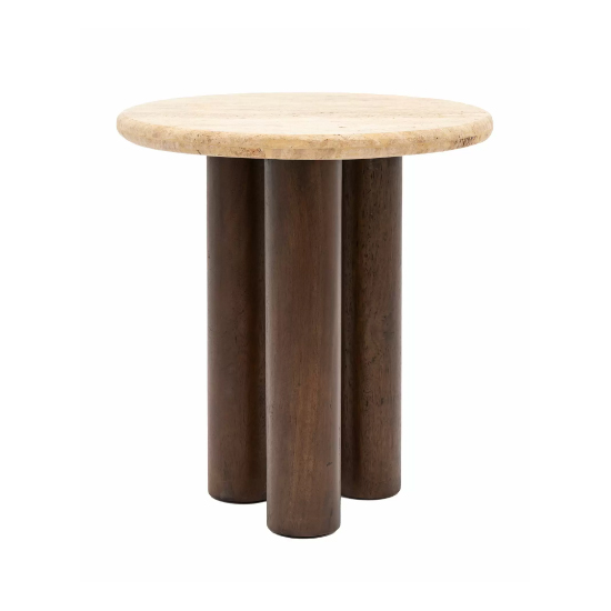 Tartu Marble Side Table In Travertine With Dark Wood Base