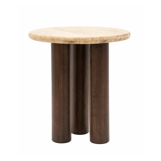 Tartu Marble Side Table In Travertine With Dark Wood Base