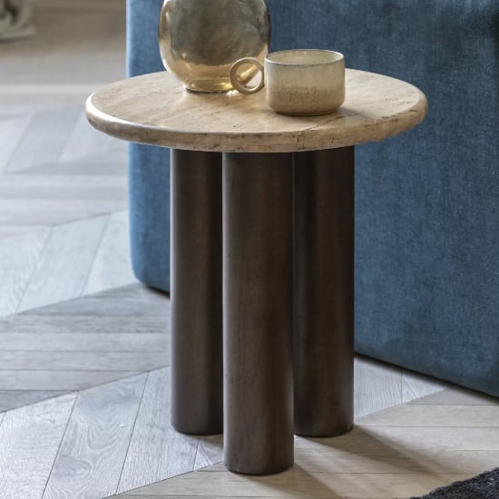 Product photograph of Tartu Marble Side Table In Travertine With Dark Wood Base from Furniture in Fashion