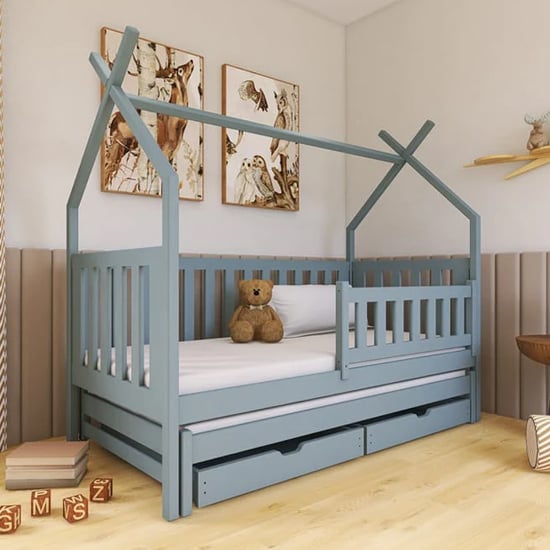 Read more about Tartu trundle wooden single bed in grey with foam mattress