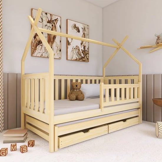 Read more about Tartu trundle wooden single bed in pine with foam mattress