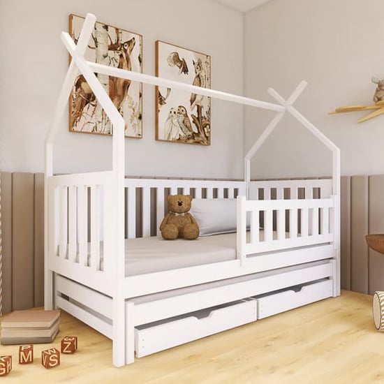 Read more about Tartu trundle wooden single bed in white with foam mattress