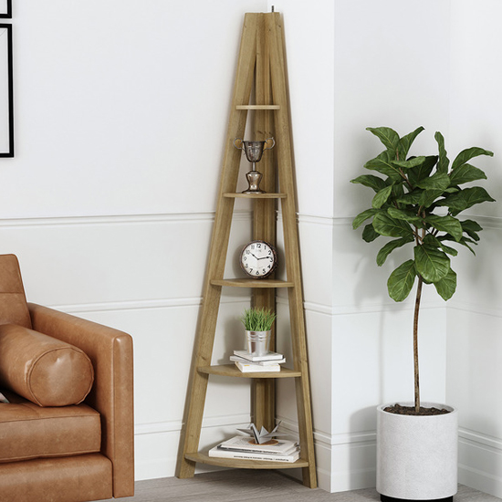 Tarvie Corner Wooden Ladder Style Shelving Unit In Oak