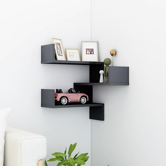 Tasya High Gloss Corner Wall Shelf In Grey