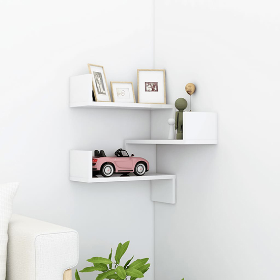 Photo of Tasya high gloss corner wall shelf in white